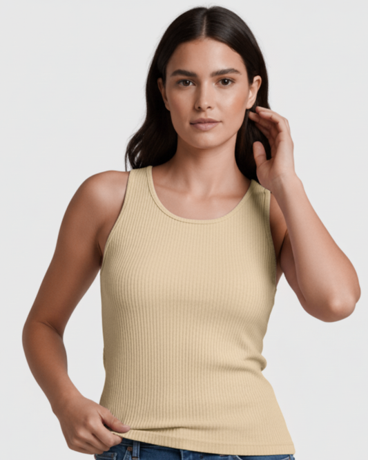 Blusa Regata Canelada Feminina Marialícia com Alça Larga Bege