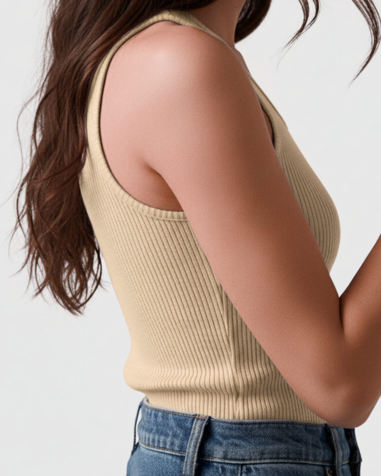 Blusa Regata Canelada Feminina Marialícia com Alça Larga Bege