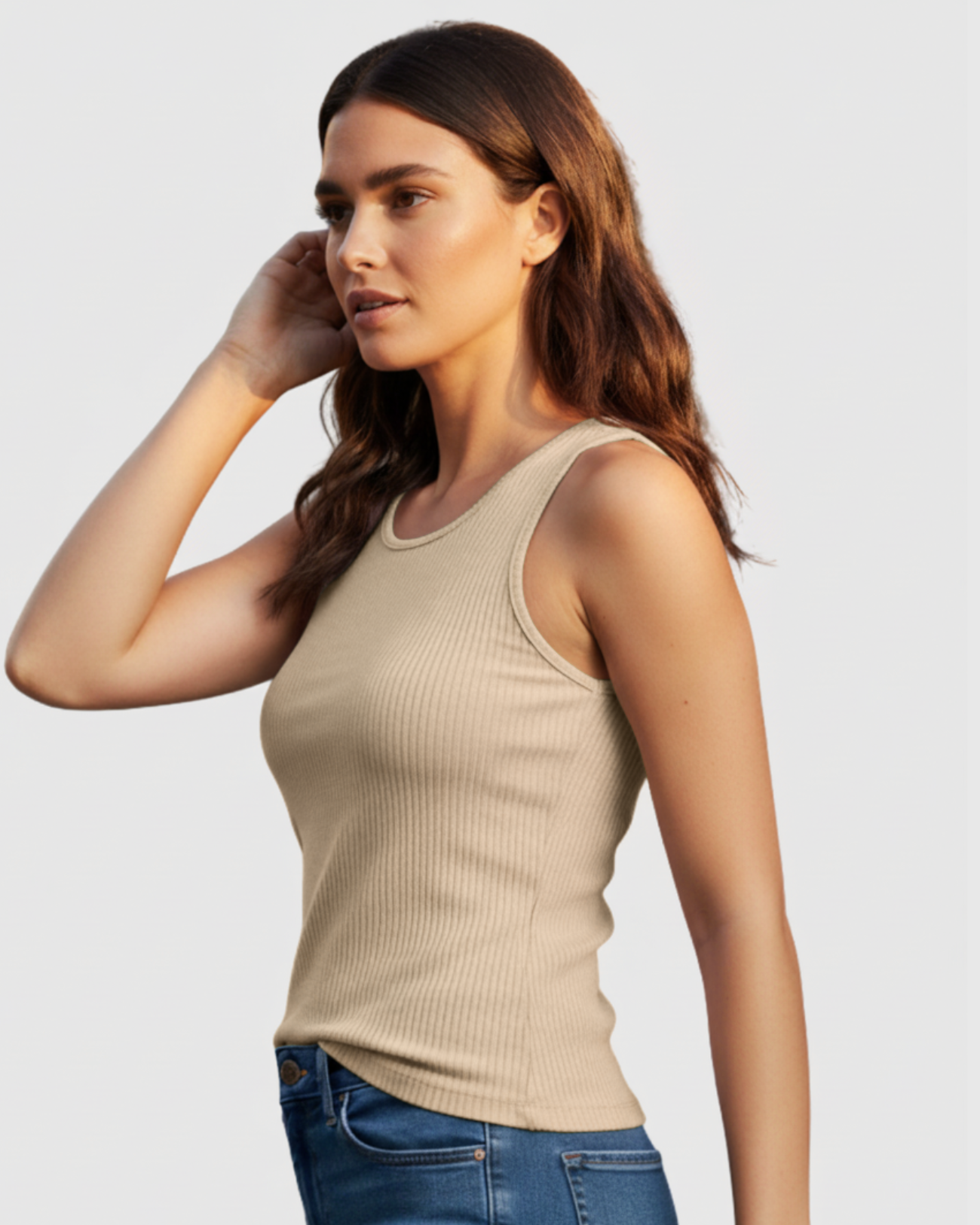 Blusa Regata Canelada Feminina Marialícia com Alça Larga Bege