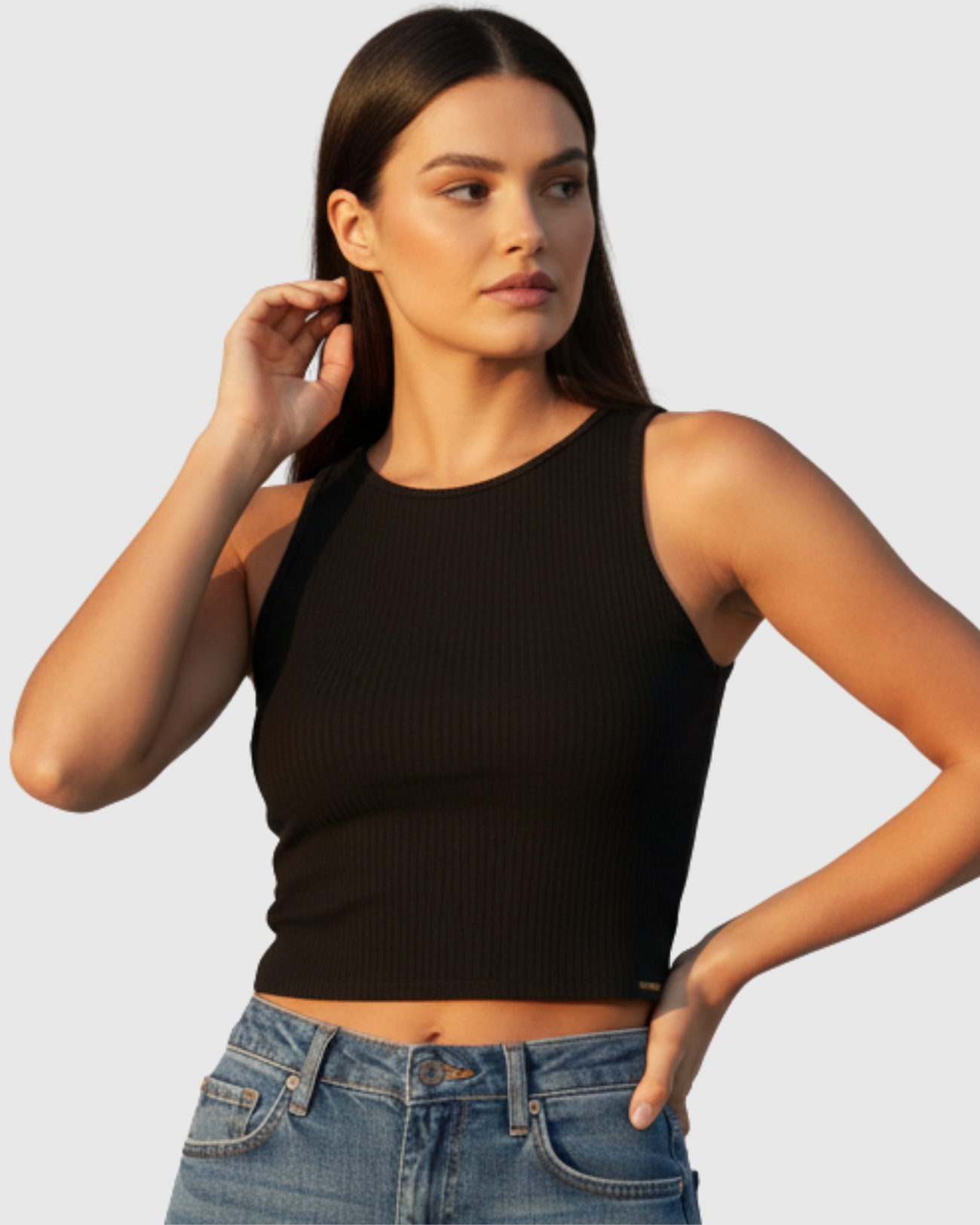 Blusa Regata Canelada Feminina Marialícia Cropped com Alça Larga Preta