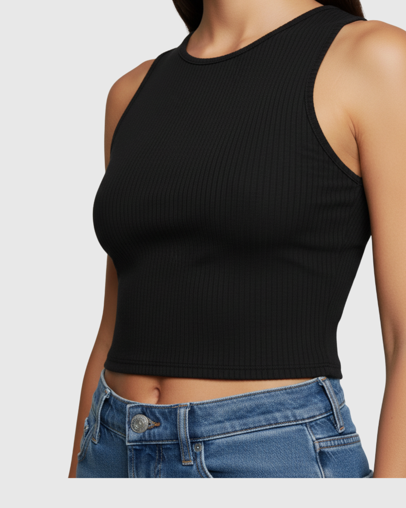 Blusa Regata Canelada Feminina Marialícia Cropped com Alça Larga Preta