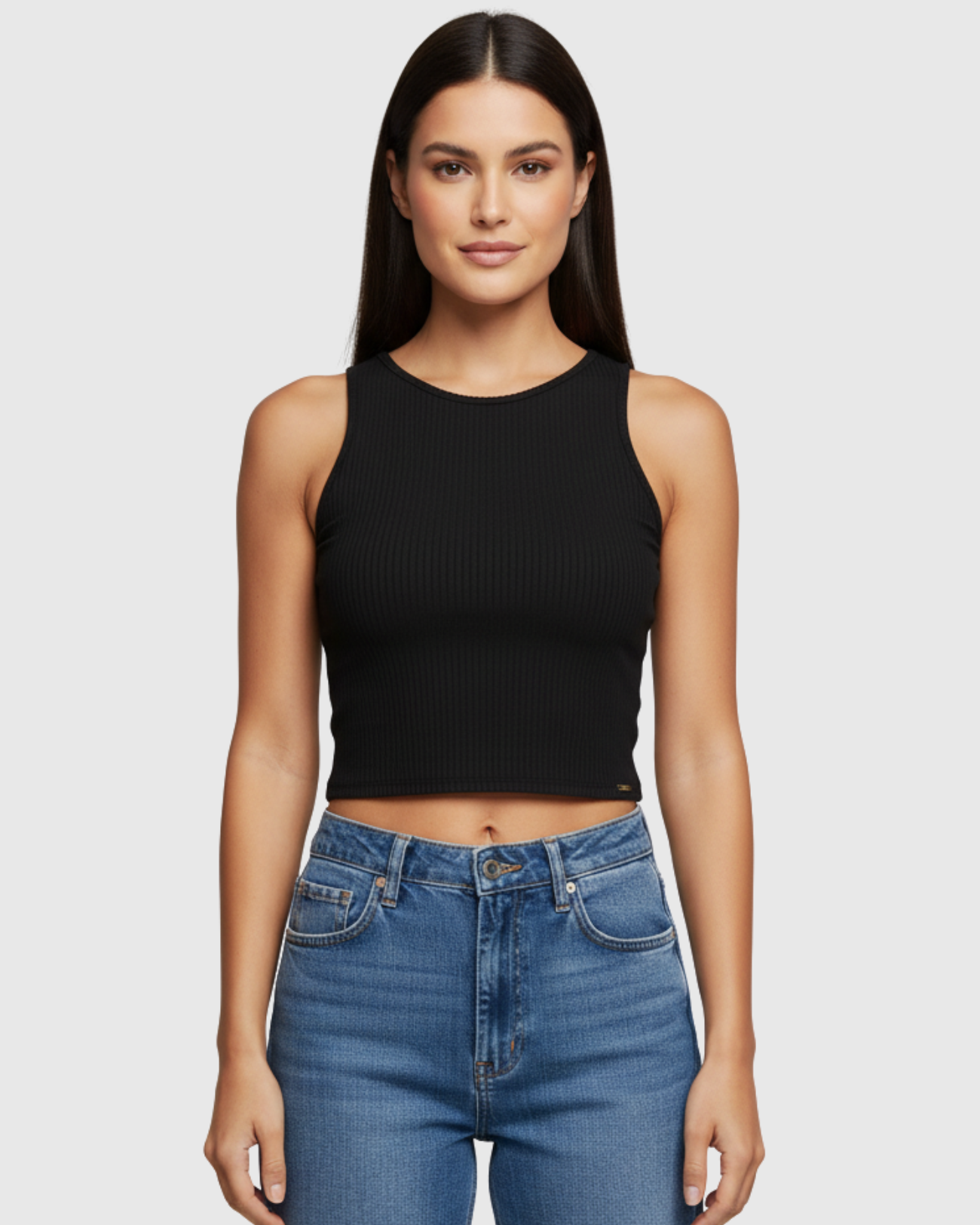 Blusa Regata Canelada Feminina Marialícia Cropped com Alça Larga Preta