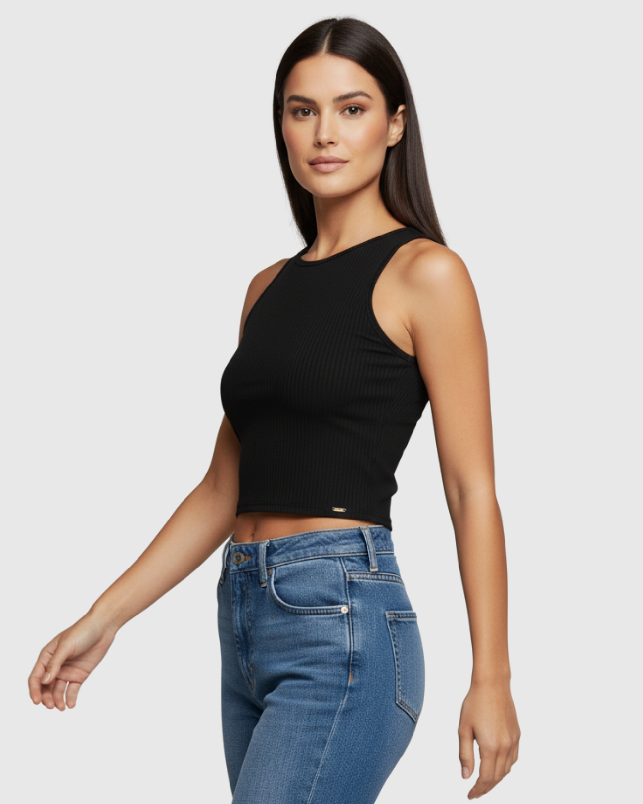 Blusa Regata Canelada Feminina Marialícia Cropped com Alça Larga Preta