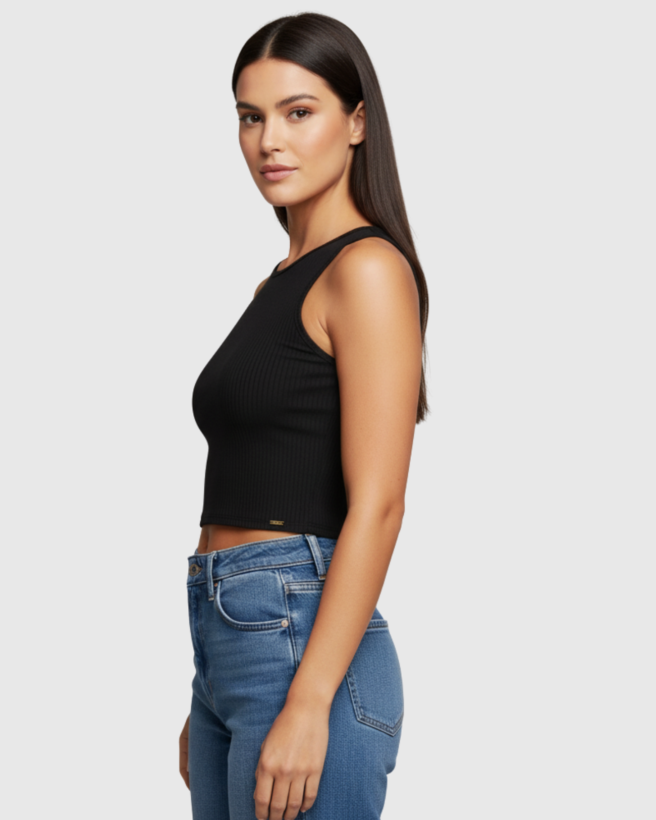 Blusa Regata Canelada Feminina Marialícia Cropped com Alça Larga Preta