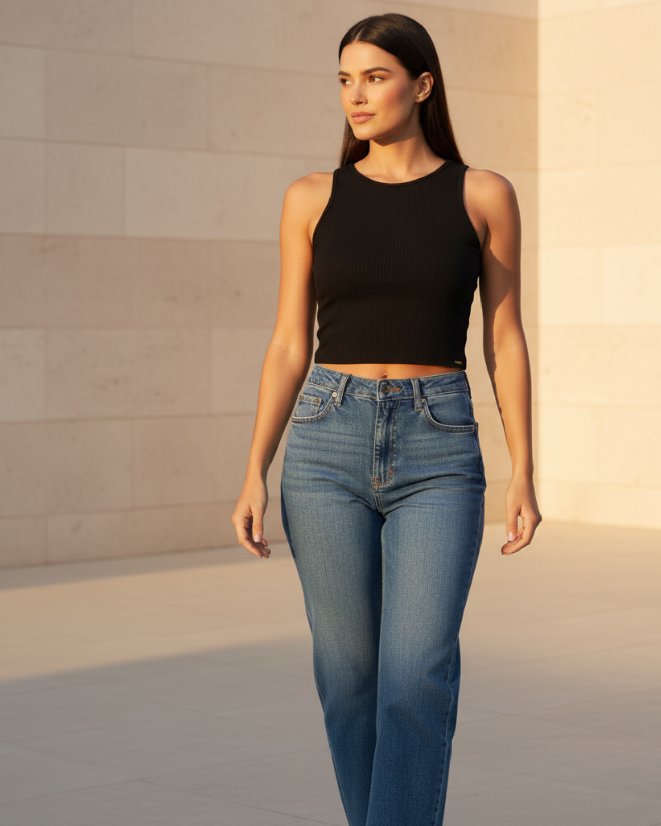 Blusa Regata Canelada Feminina Marialícia Cropped com Alça Larga Preta