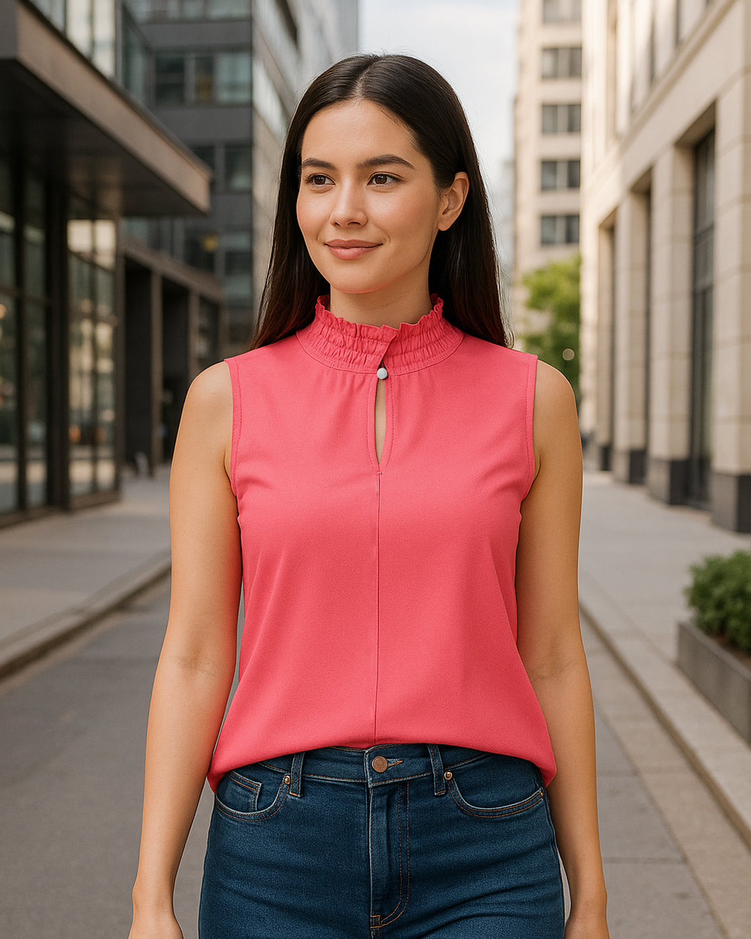 Blusa Feminina Rosa Chiclete Marialícia Sem Manga Gola Alta – 100% Viscose