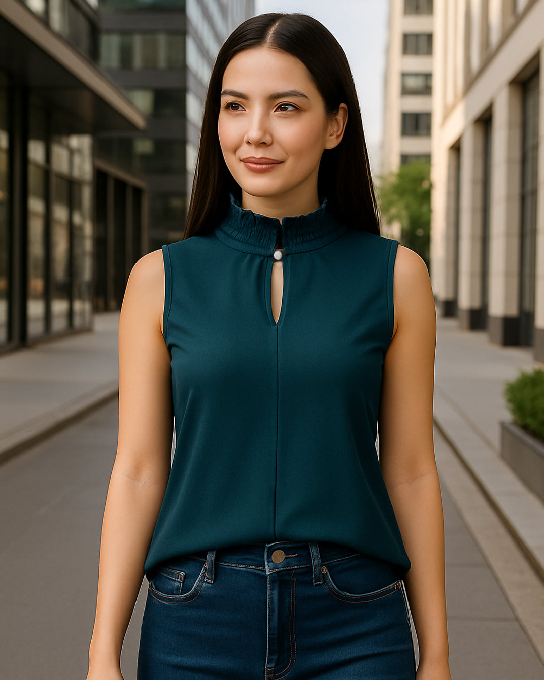 Blusa Verde Escuro Feminina Marialícia Sem Manga com Gola Alta