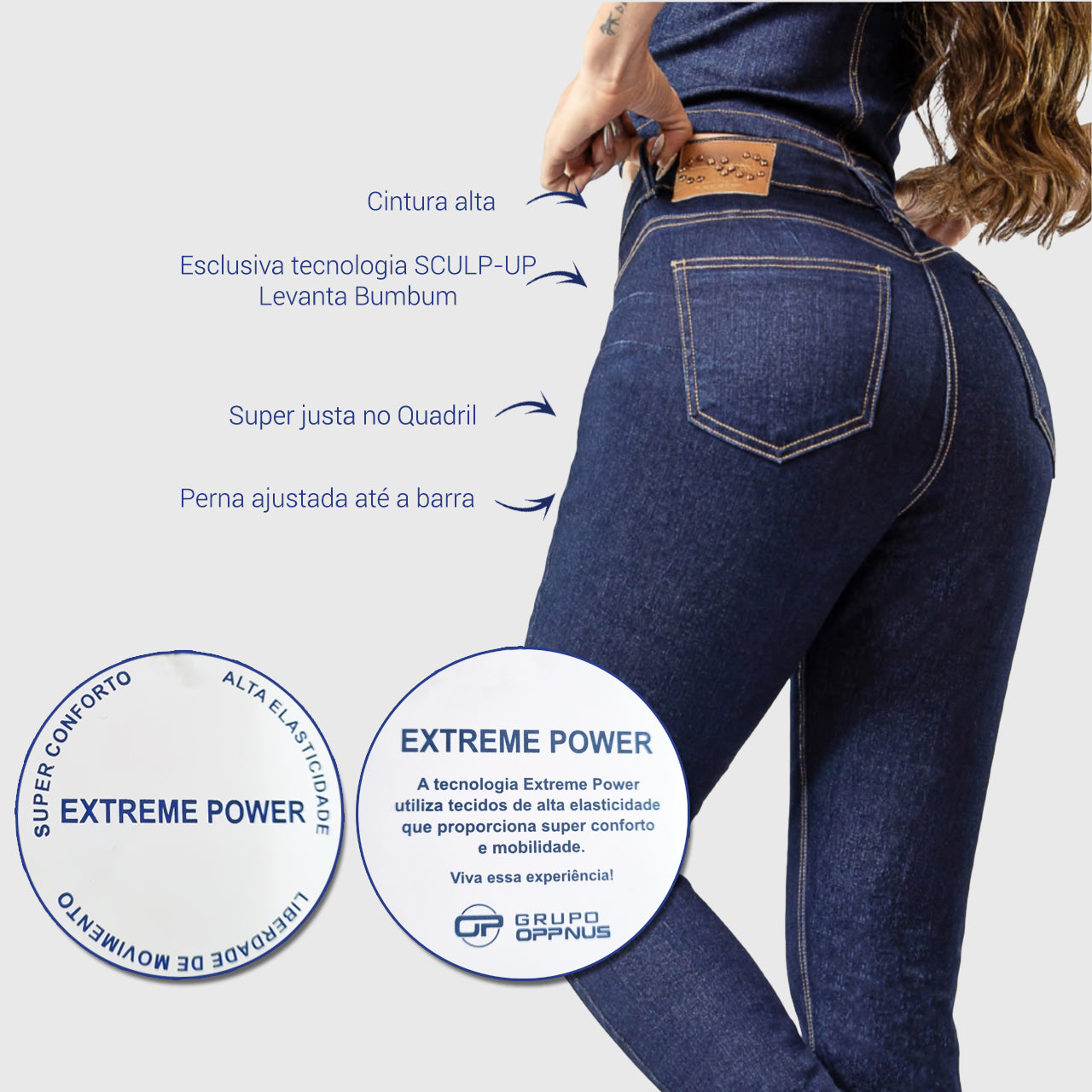 Calça Empina Bumbum Oppnus Jeans Skinny Cintura Alta -