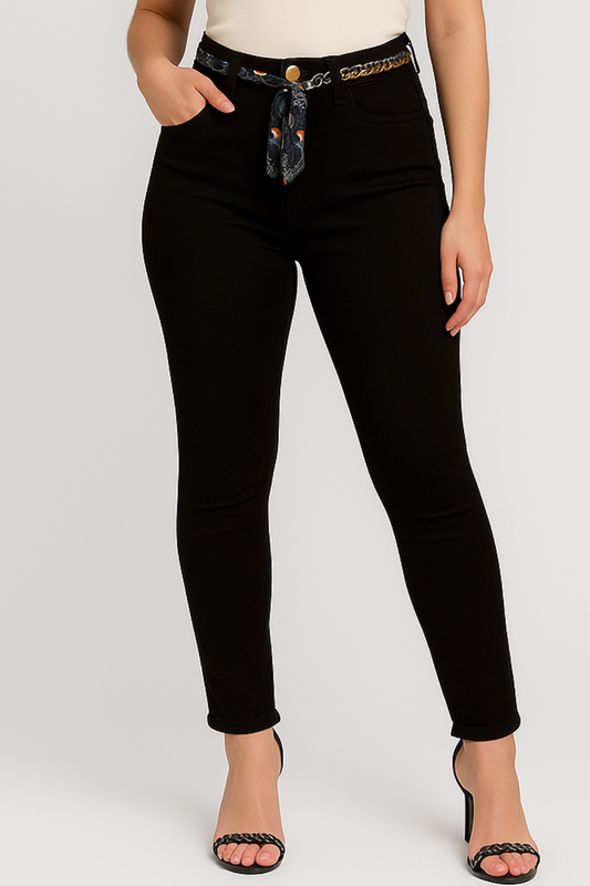 Calça Skinny Jeans Preta Cintura Alta com Cinto – Oppnus Cigarrete
