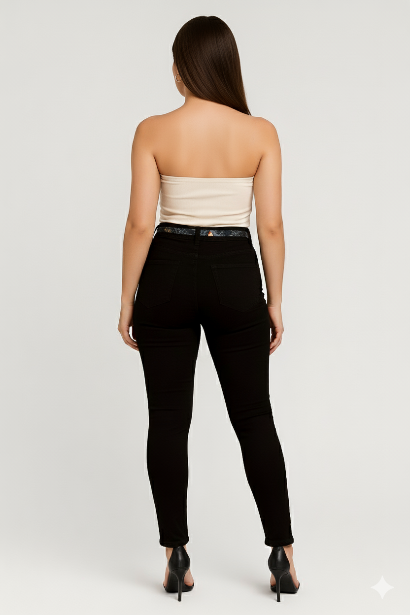 Calça Skinny Jeans Preta Cintura Alta com Cinto – Oppnus Cigarrete
