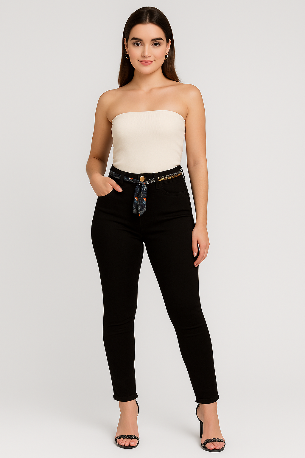 Calça Skinny Jeans Preta Cintura Alta com Cinto – Oppnus Cigarrete