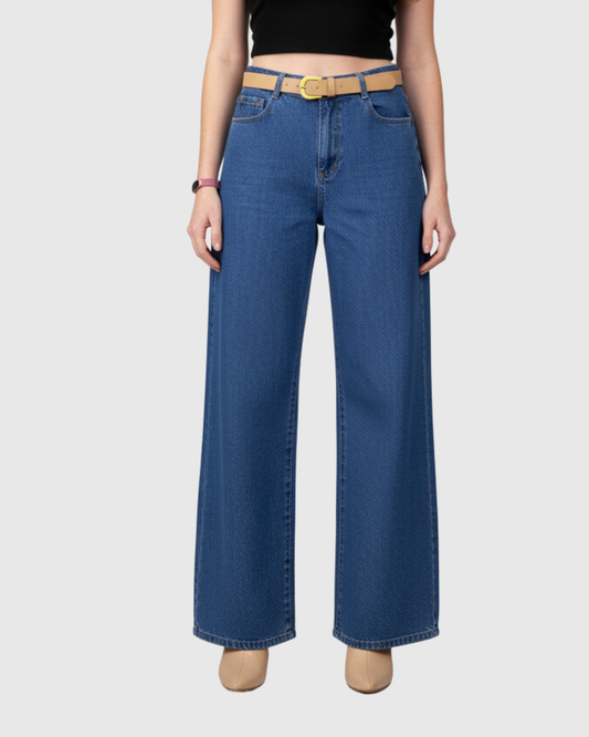 Calça Jeans Wide Leg Feminina Oppnus Cintura Alta com Cinto