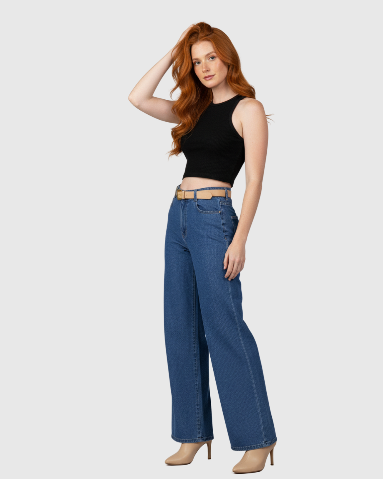 Calça Jeans Wide Leg Feminina Oppnus Cintura Alta com Cinto