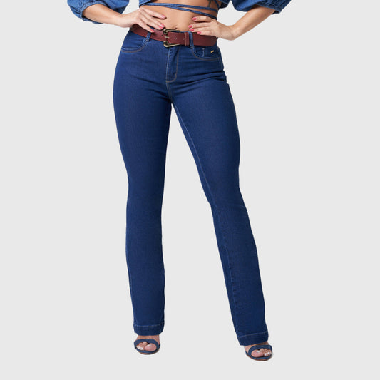 Calça Oppnus Bootcut Jeans Cintura Alta com Cinto - Jeans Azul Escuro Casual