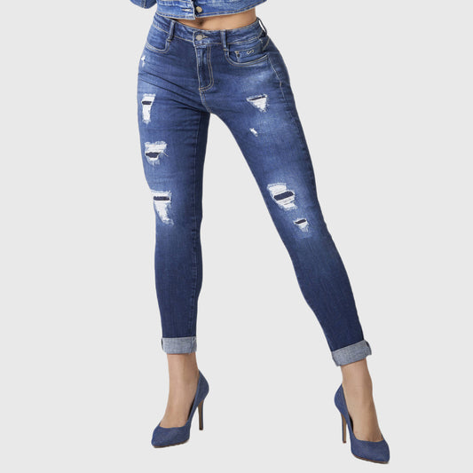 Calça Oppnus Jeans Destroyed Rasgado Cintura Alta - Jeans Azul