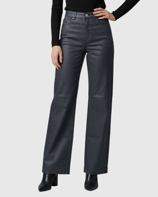 Calça Resinada Preta Feminina Wide Leg Flare com Cintura Alta