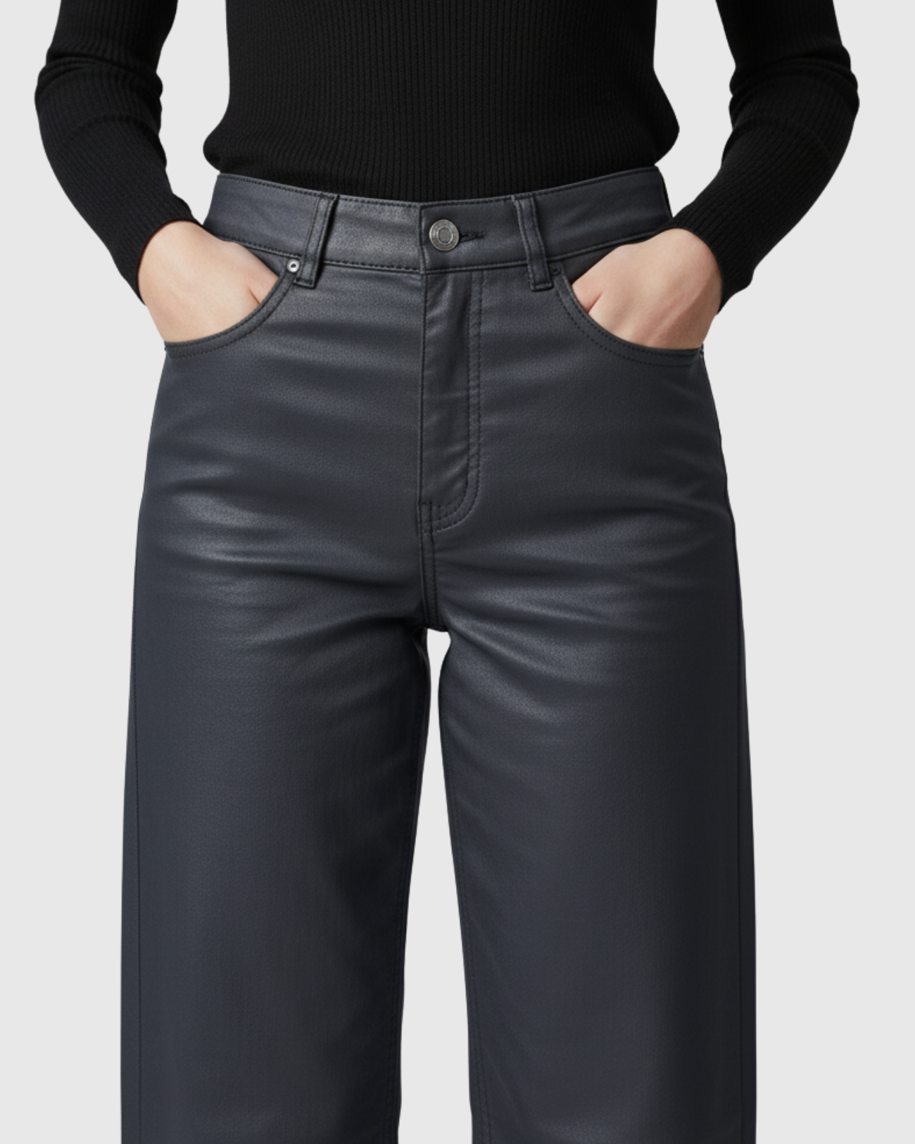 Calça Resinada Preta Feminina Wide Leg Flare com Cintura Alta