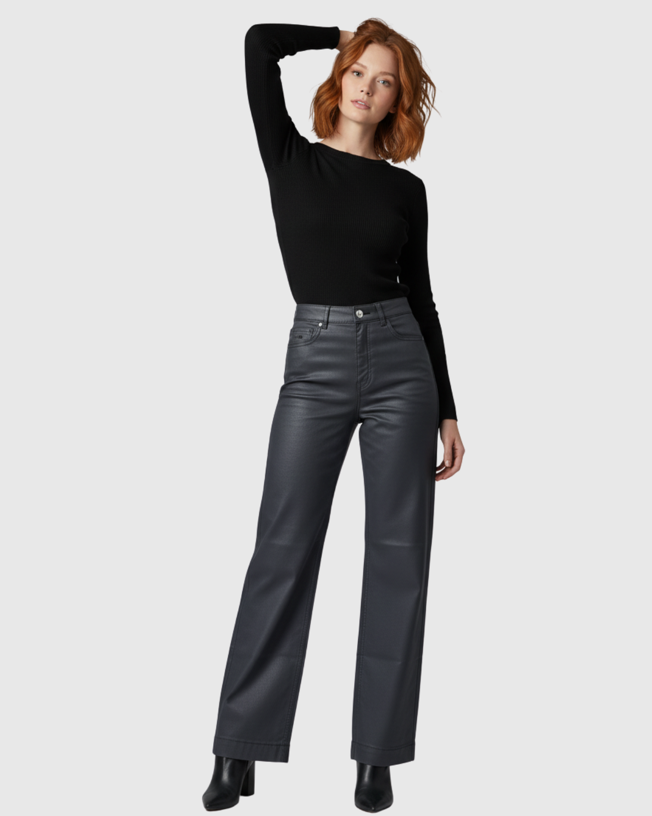 Calça Resinada Preta Feminina Wide Leg Flare com Cintura Alta