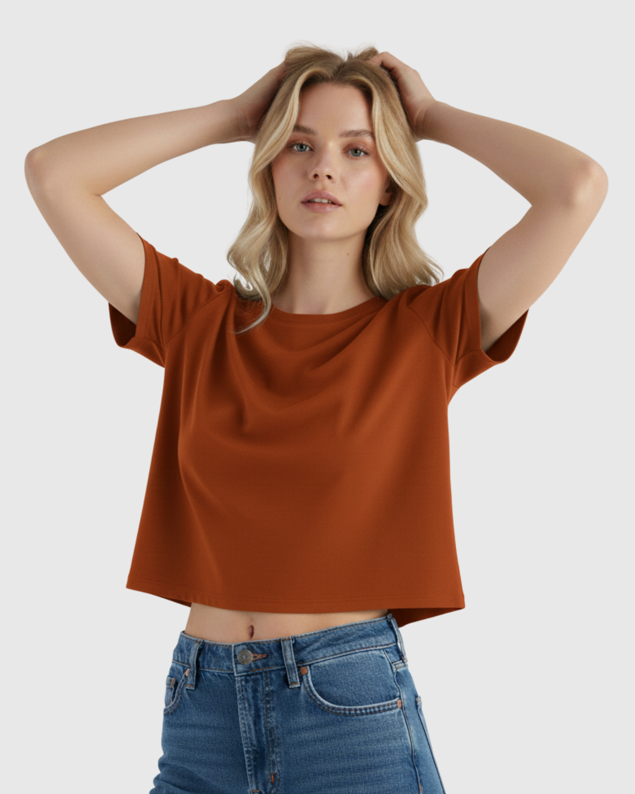 Camiseta Cropped Básica Feminina Marialícia Manga Curta Marrom