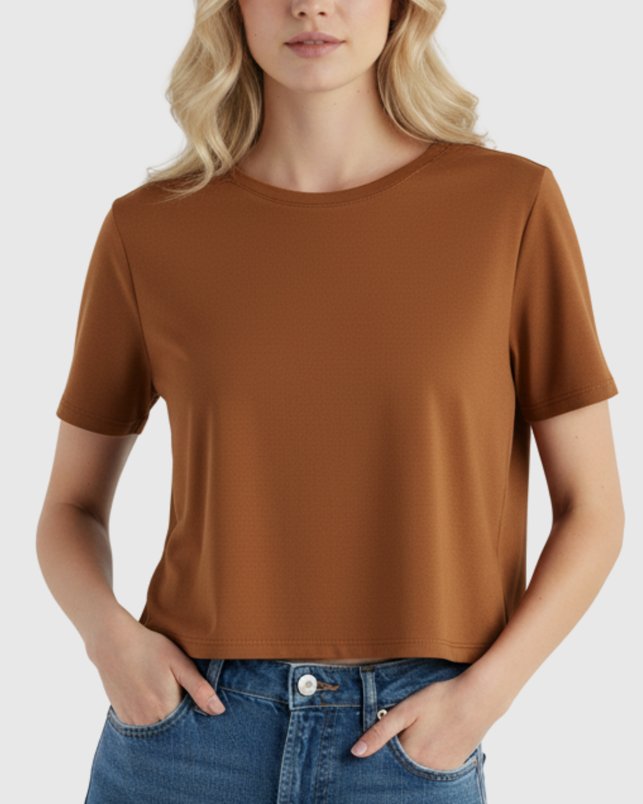 Camiseta Cropped Básica Feminina Marialícia Manga Curta Marrom