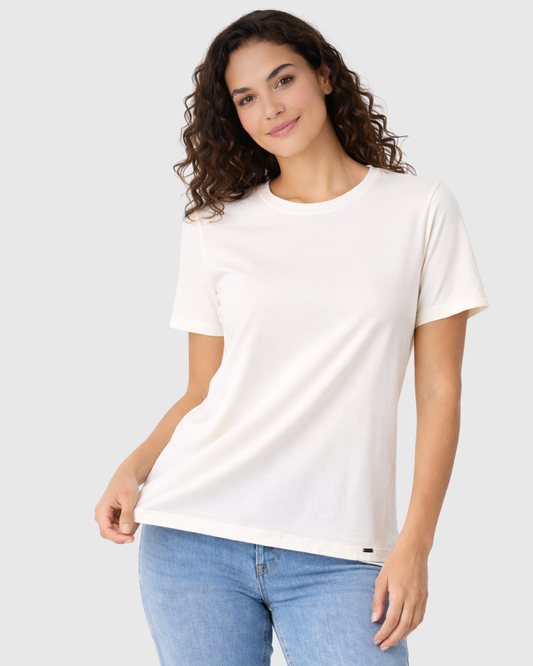 Camiseta Marialícia Básica Feminina Manga Curta Algodão Off White