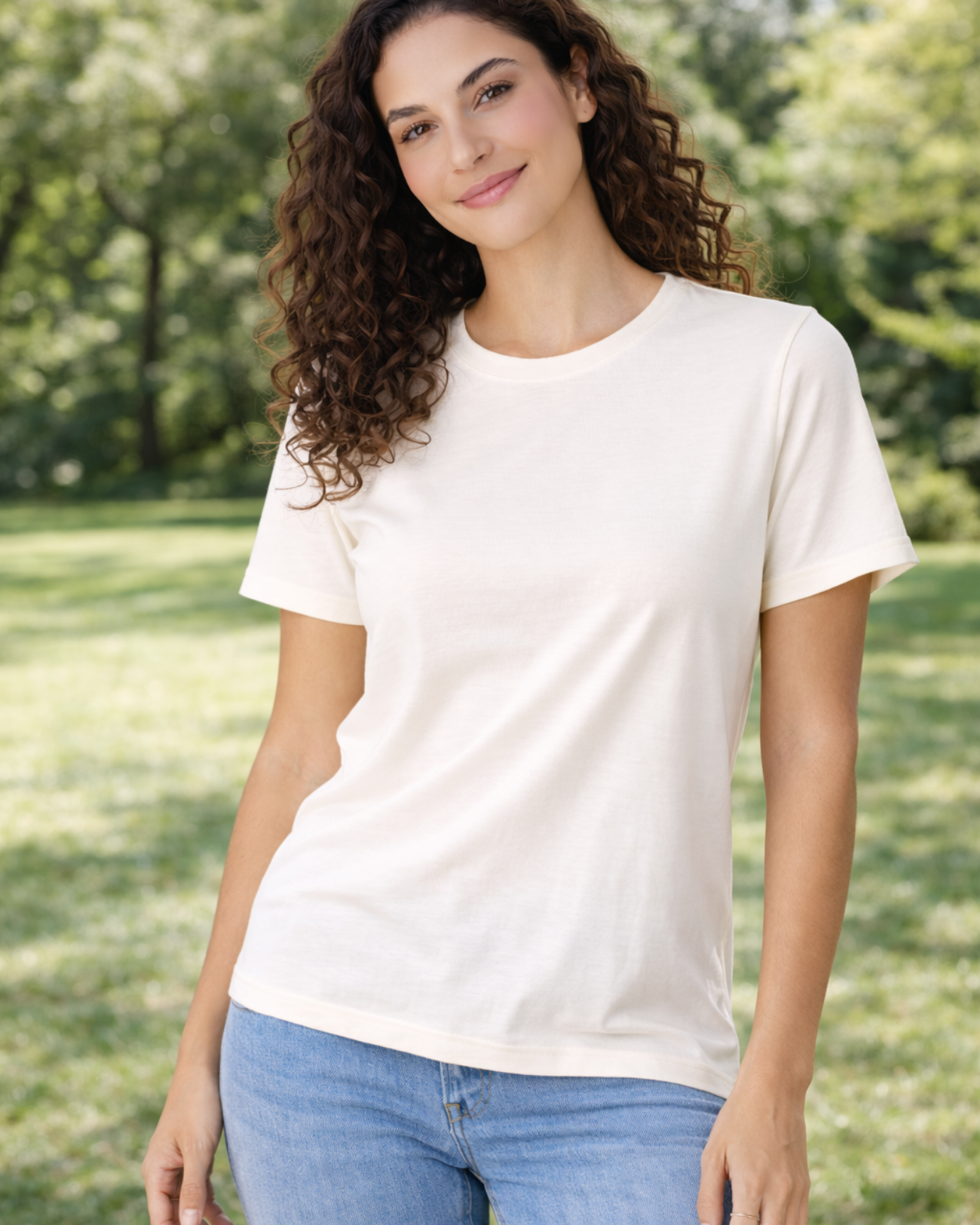 Camiseta Marialícia Básica Feminina Manga Curta Algodão Off White -