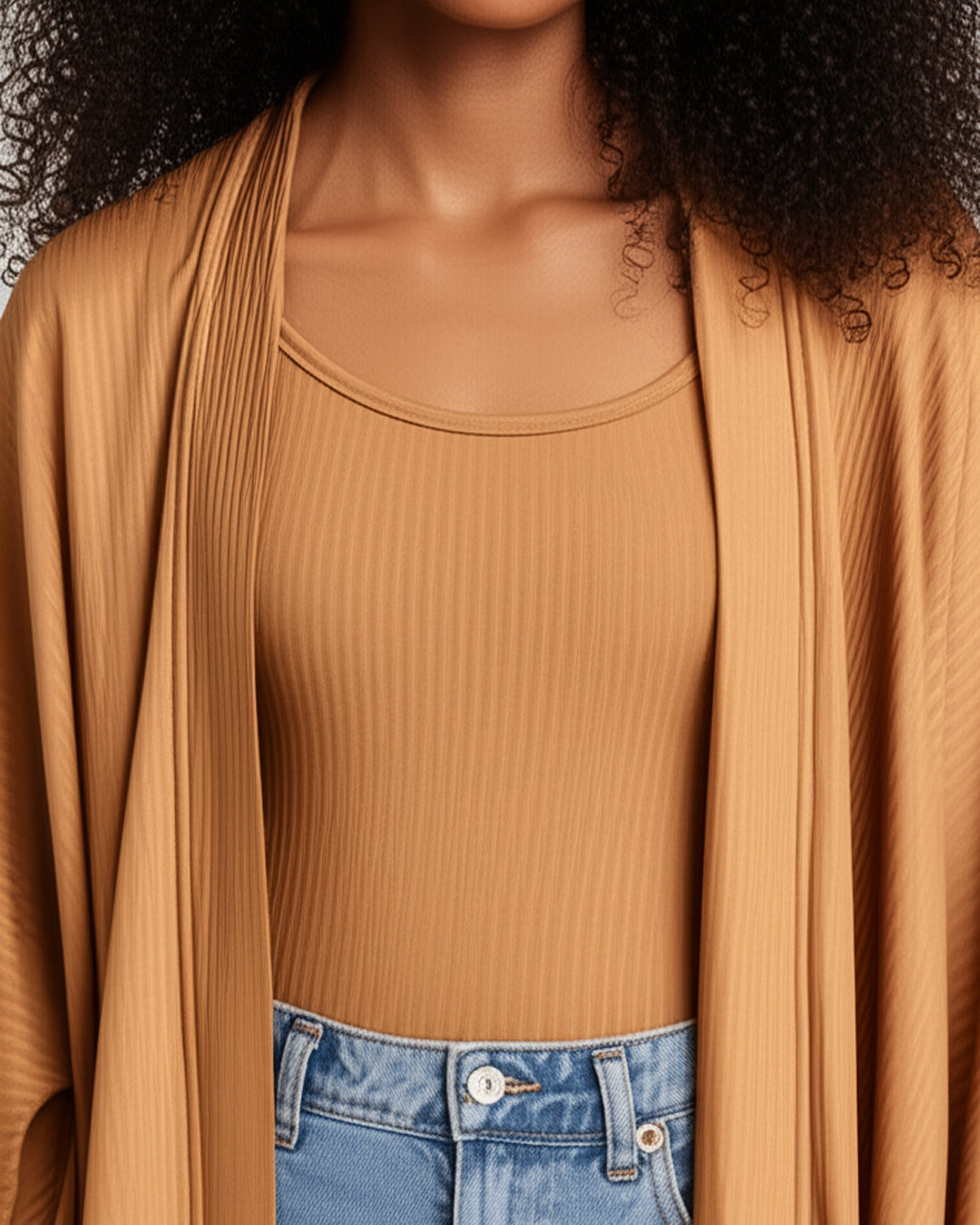 Conjunto Feminino Marialícia Regata e Cardigan Caramelo