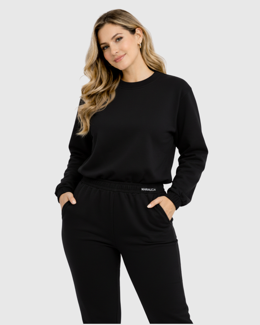 Conjunto Moletom Feminino Marialícia Preto Algodão Casual