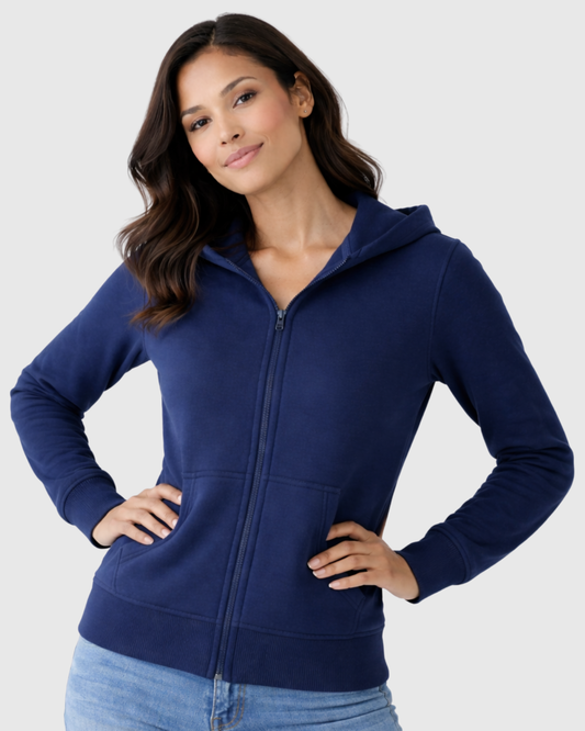 Jaqueta Feminina Marialícia de Moletom com Capuz Azul Marinho
