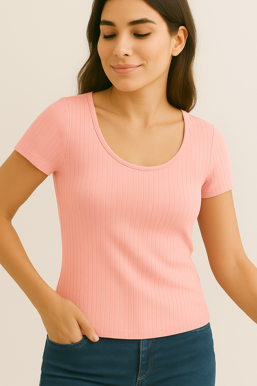 Blusa Marialícia Manga Curta Canelada Rosa